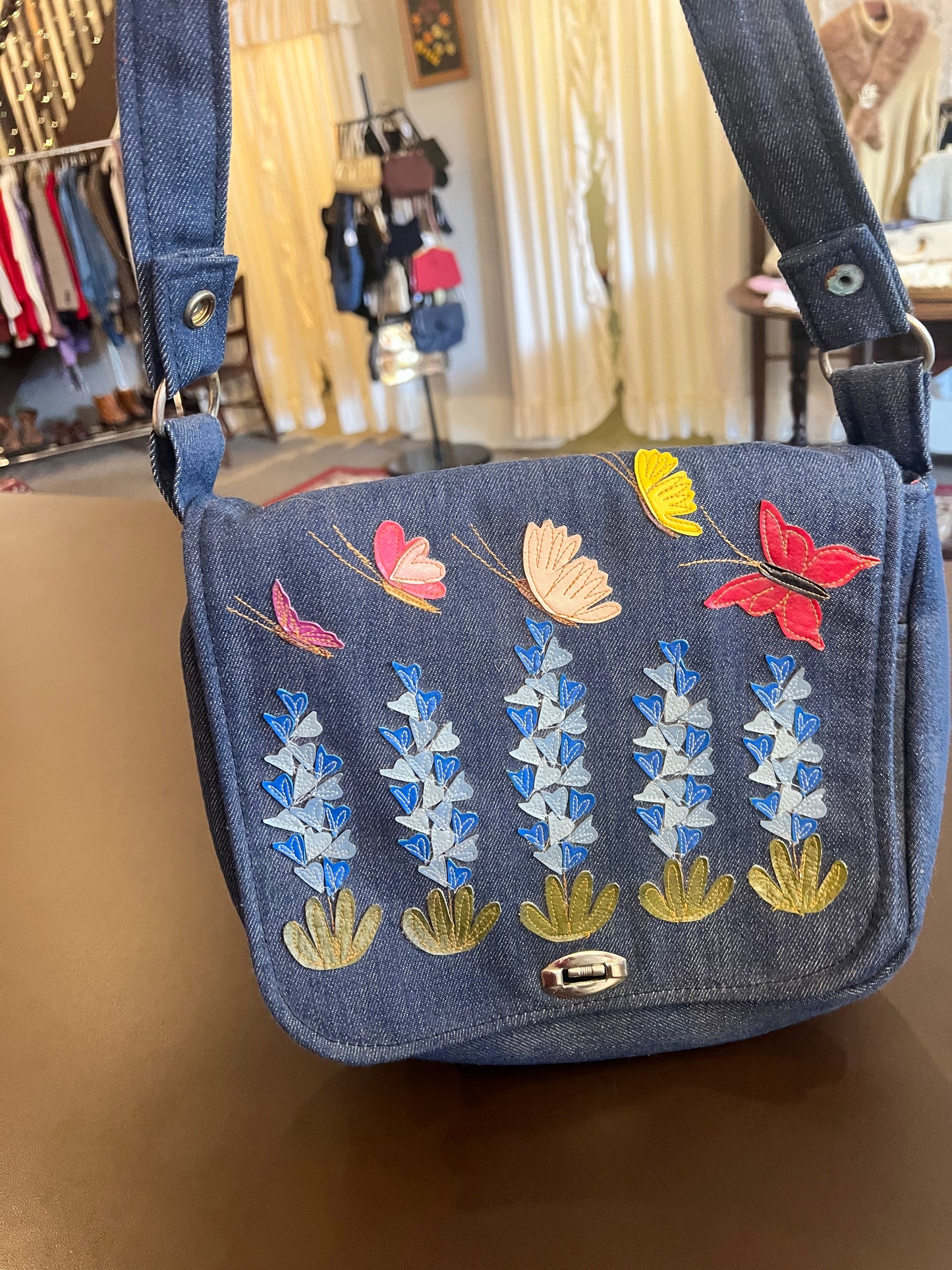 Vintage Denim Floral Applique Purse