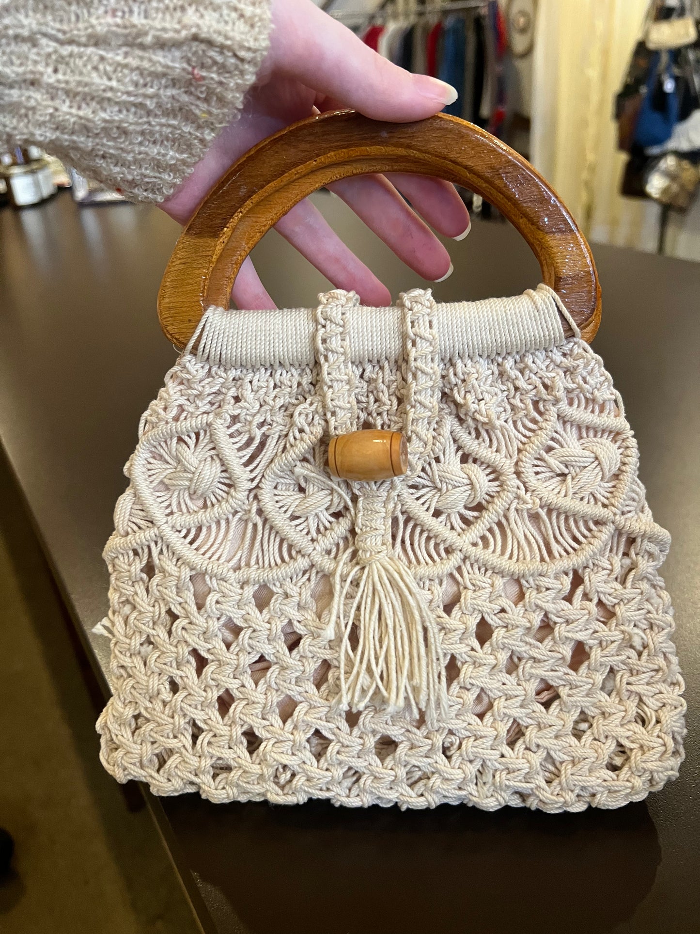 Vintage Macrame Handbag w/ Wooden Handle
