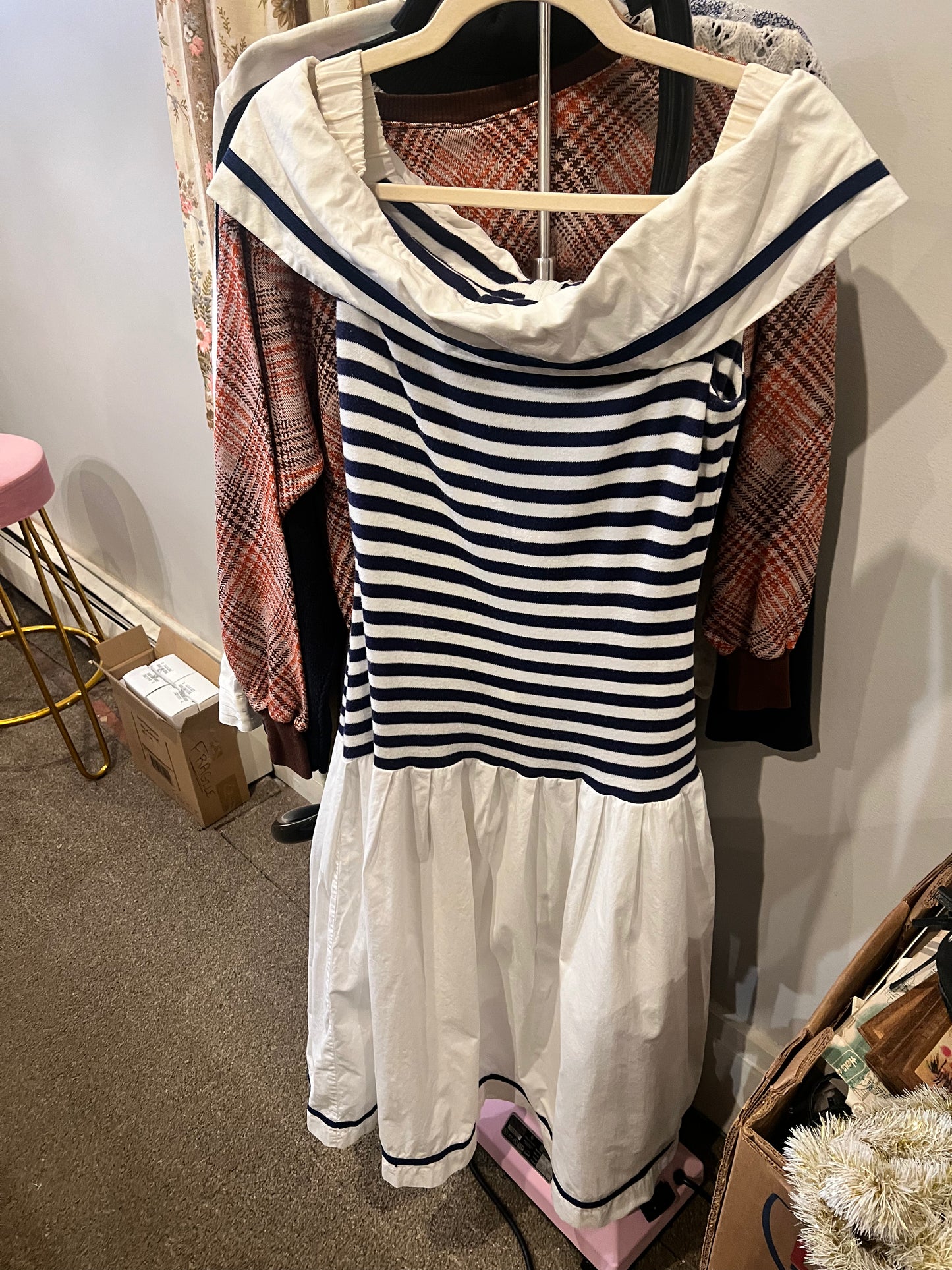 70s Algo-Ettes Stripe Off Shoulder Dress