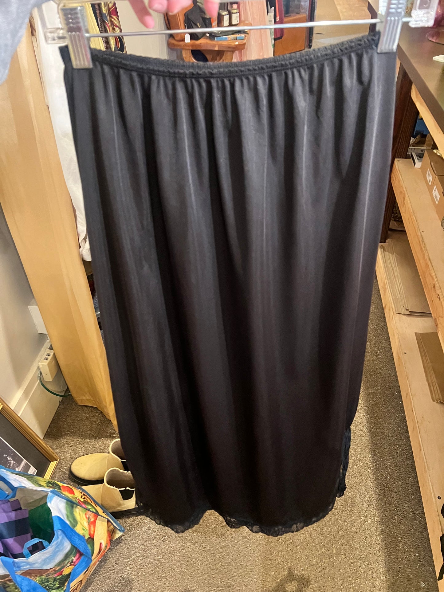 80s Black Lace Trim Slip Skirt