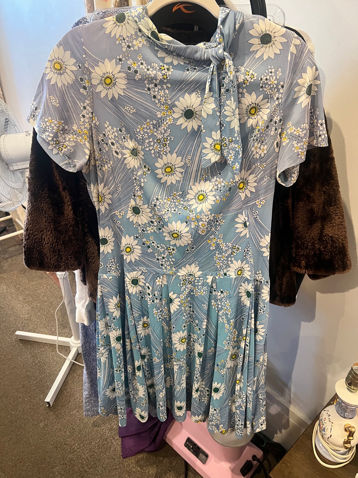 1970s Floral Tie Neck Dress