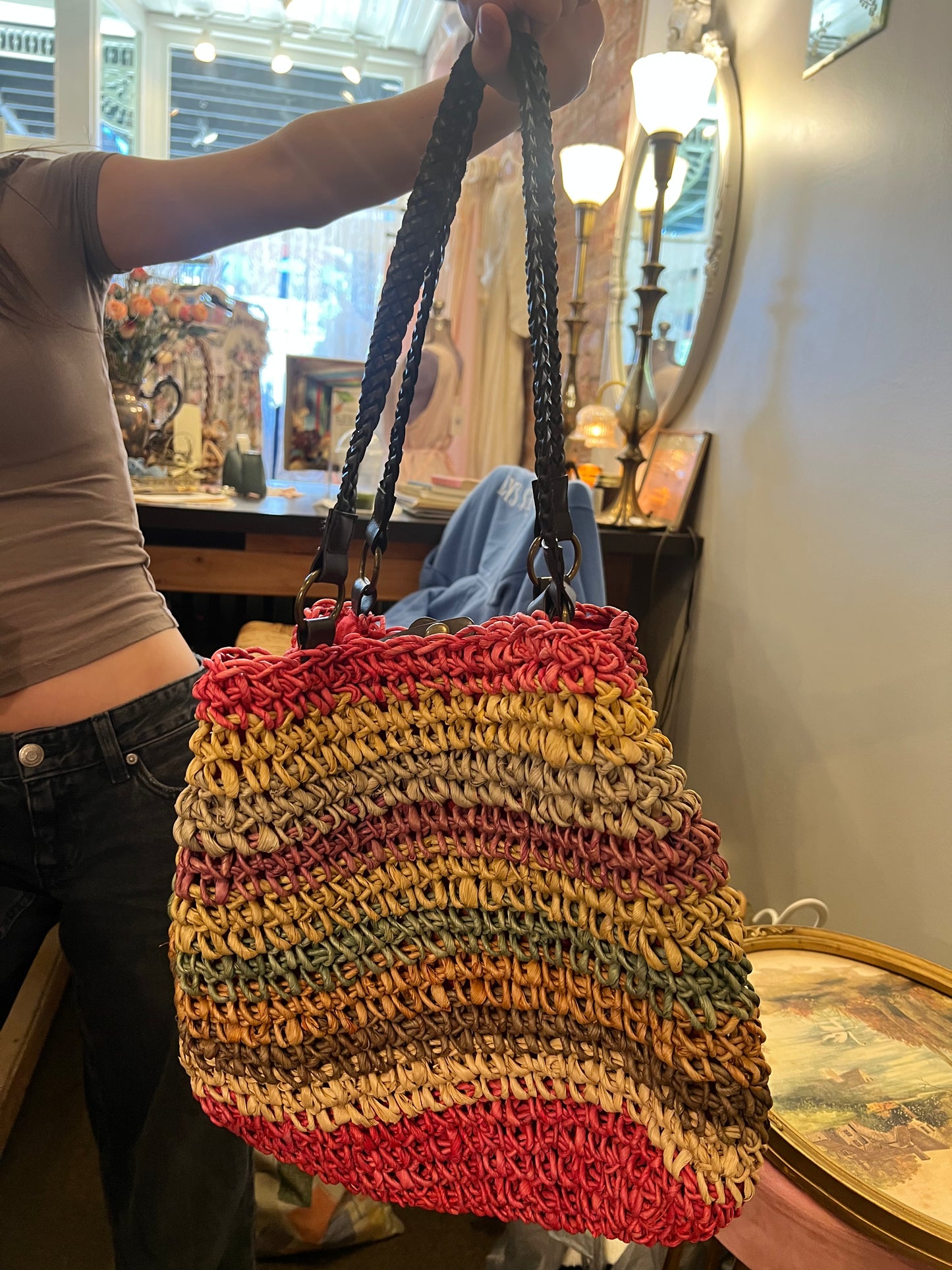 1990s Multicolor Straw Shoulder Bag