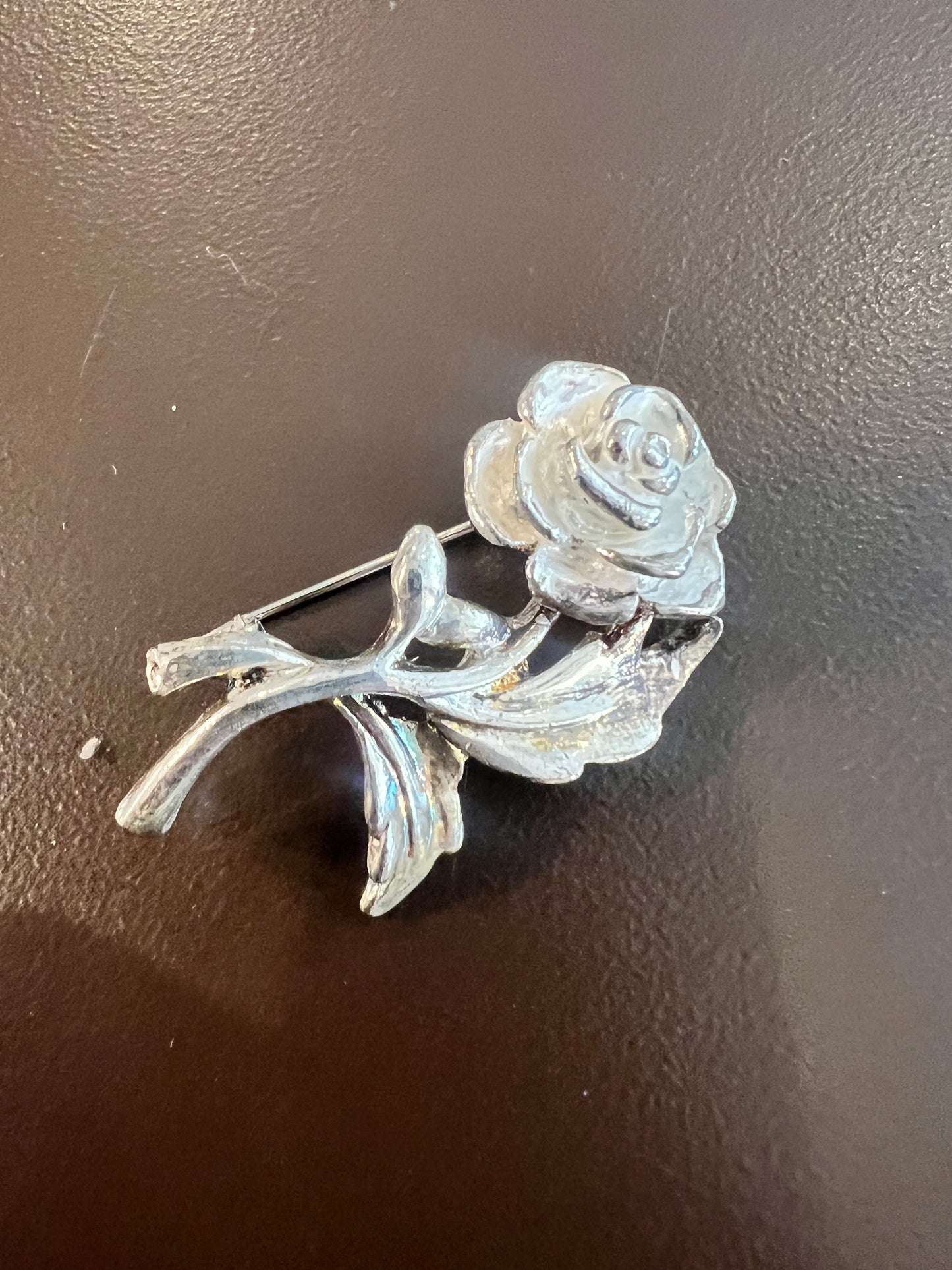 Vintage Silver Tone Rose Brooch
