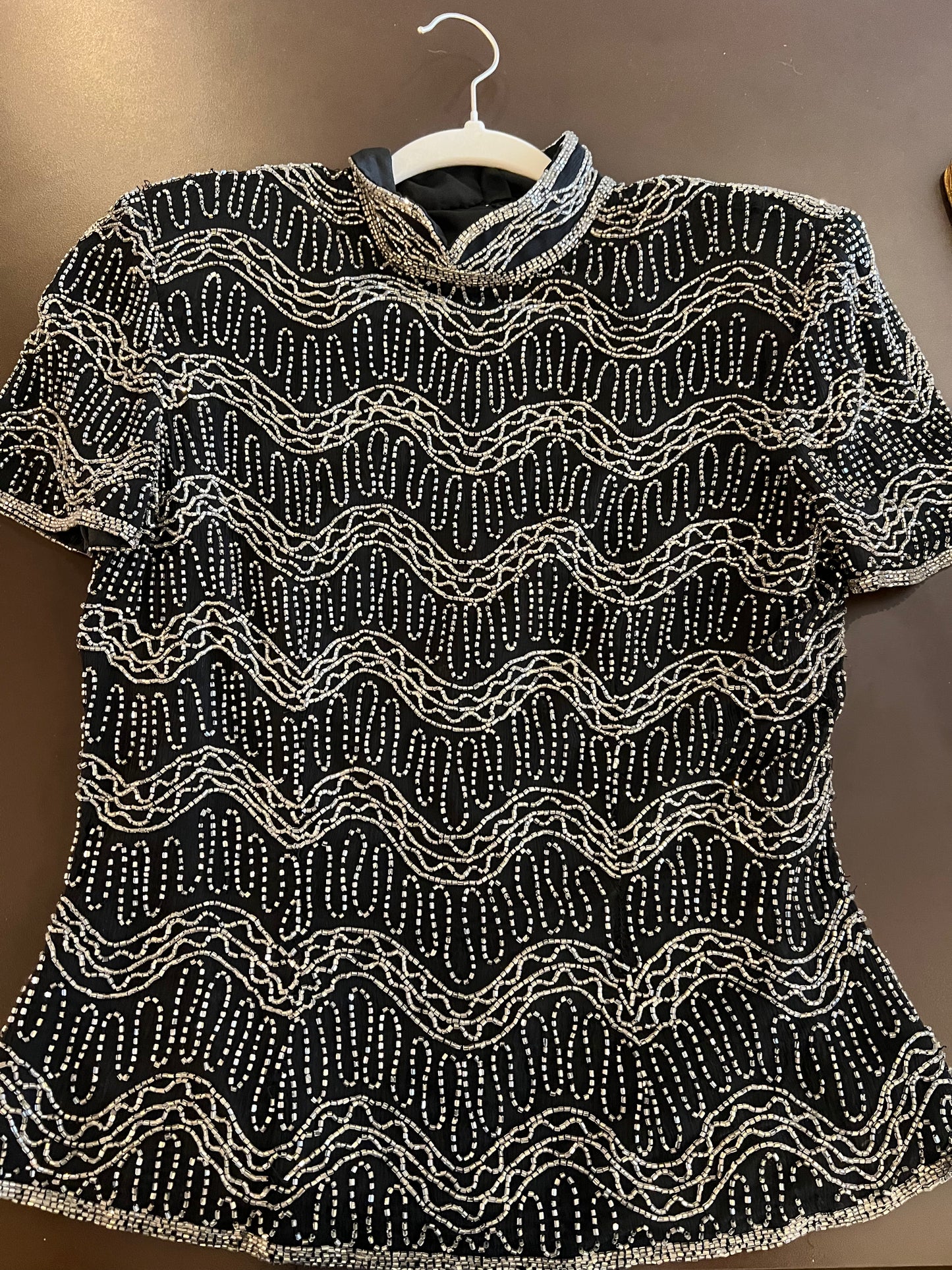 1990s Papell Boutique Beaded Short Sleeve Top