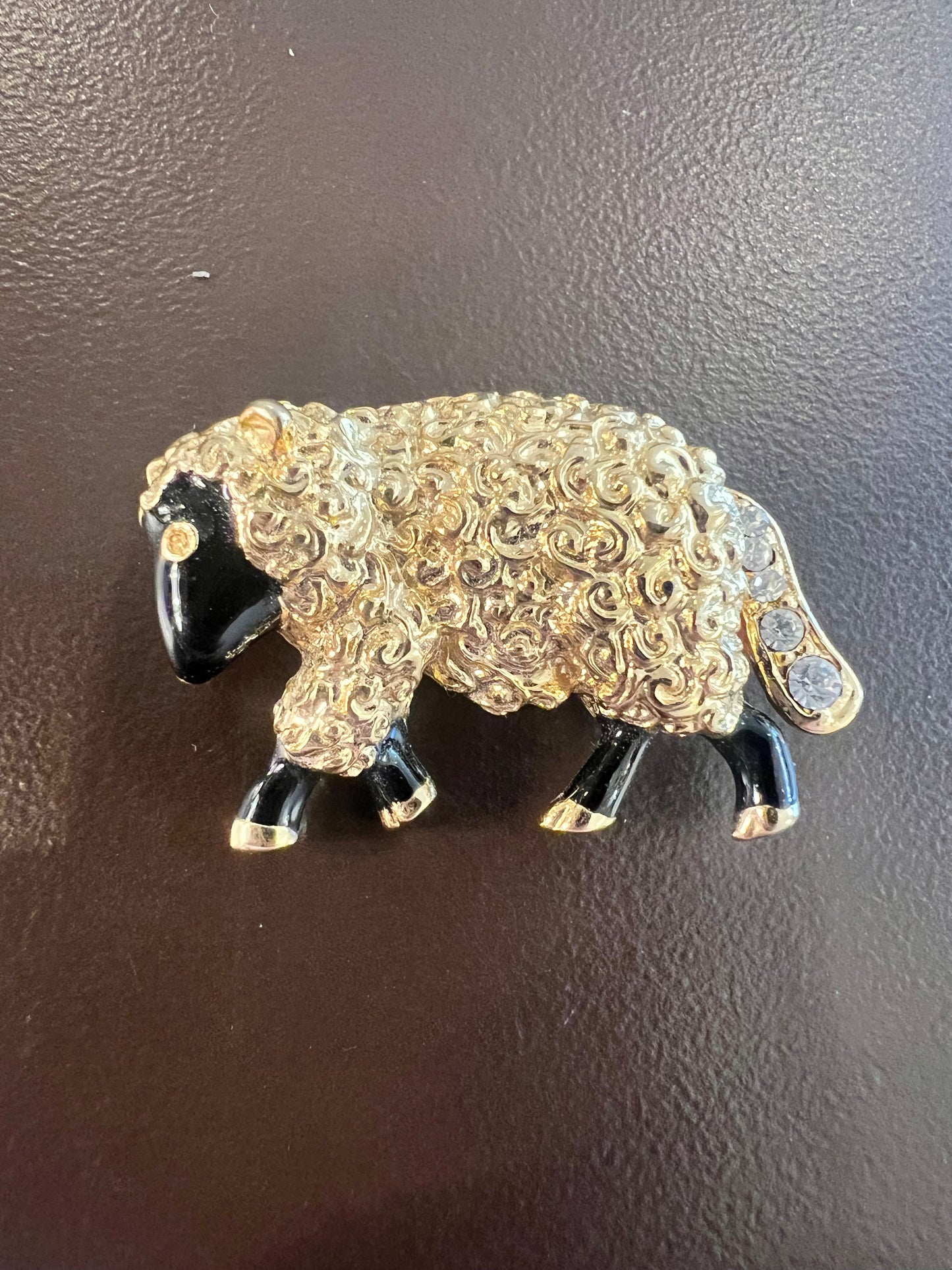 Vintage Enamel Swarovski Crystal Sheep Pin