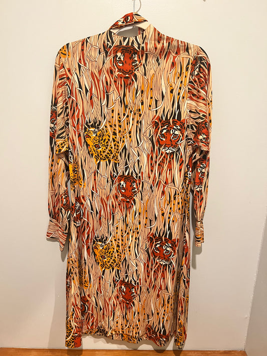 1970s Queens Way to Fashion Tiger Print Dress w/ Tie