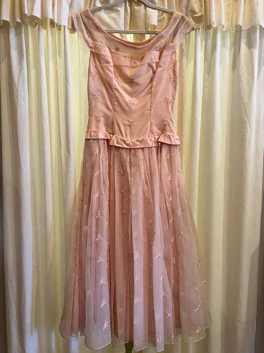 1950s Tulle Off Shoulder Cocktail Dress