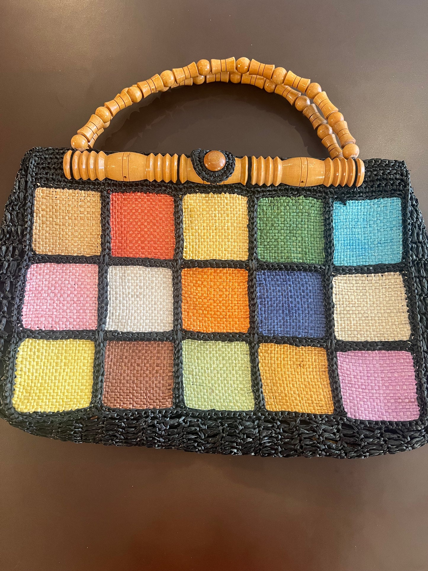 1970s Woven Straw Wooden Handle Tote Bag