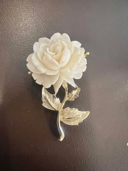 Vintage Gold Tone White Rose Brooch