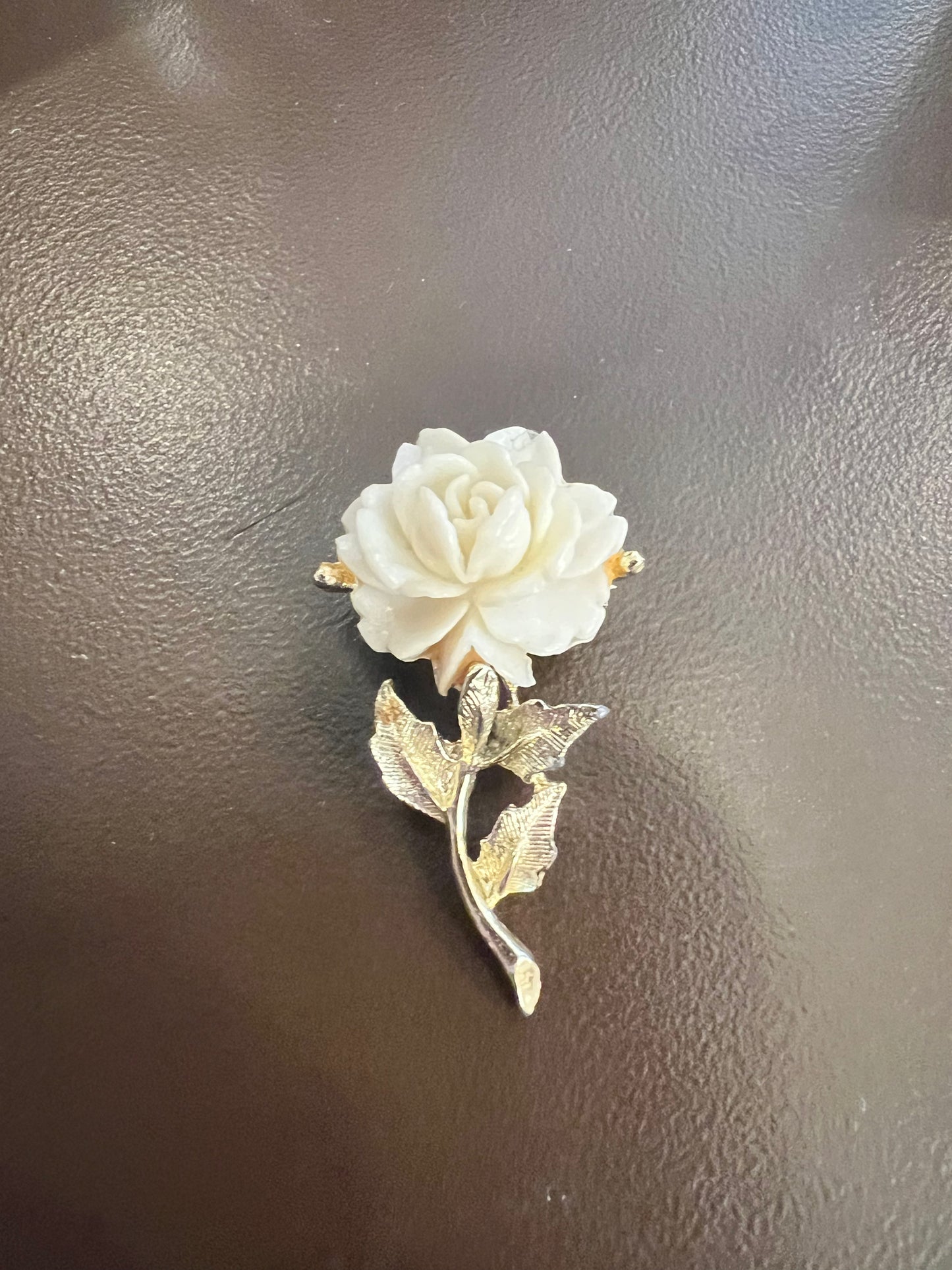 Vintage Gold Tone White Rose Brooch