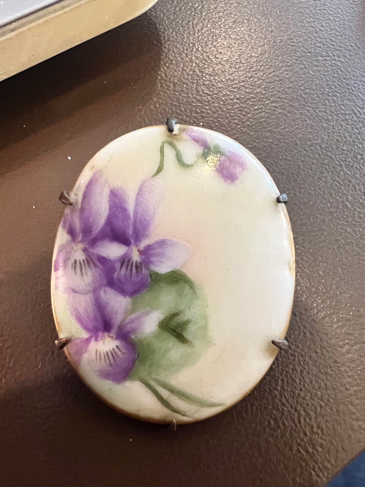 Vintage Victorian Hand Painted Purple Flower Brooch