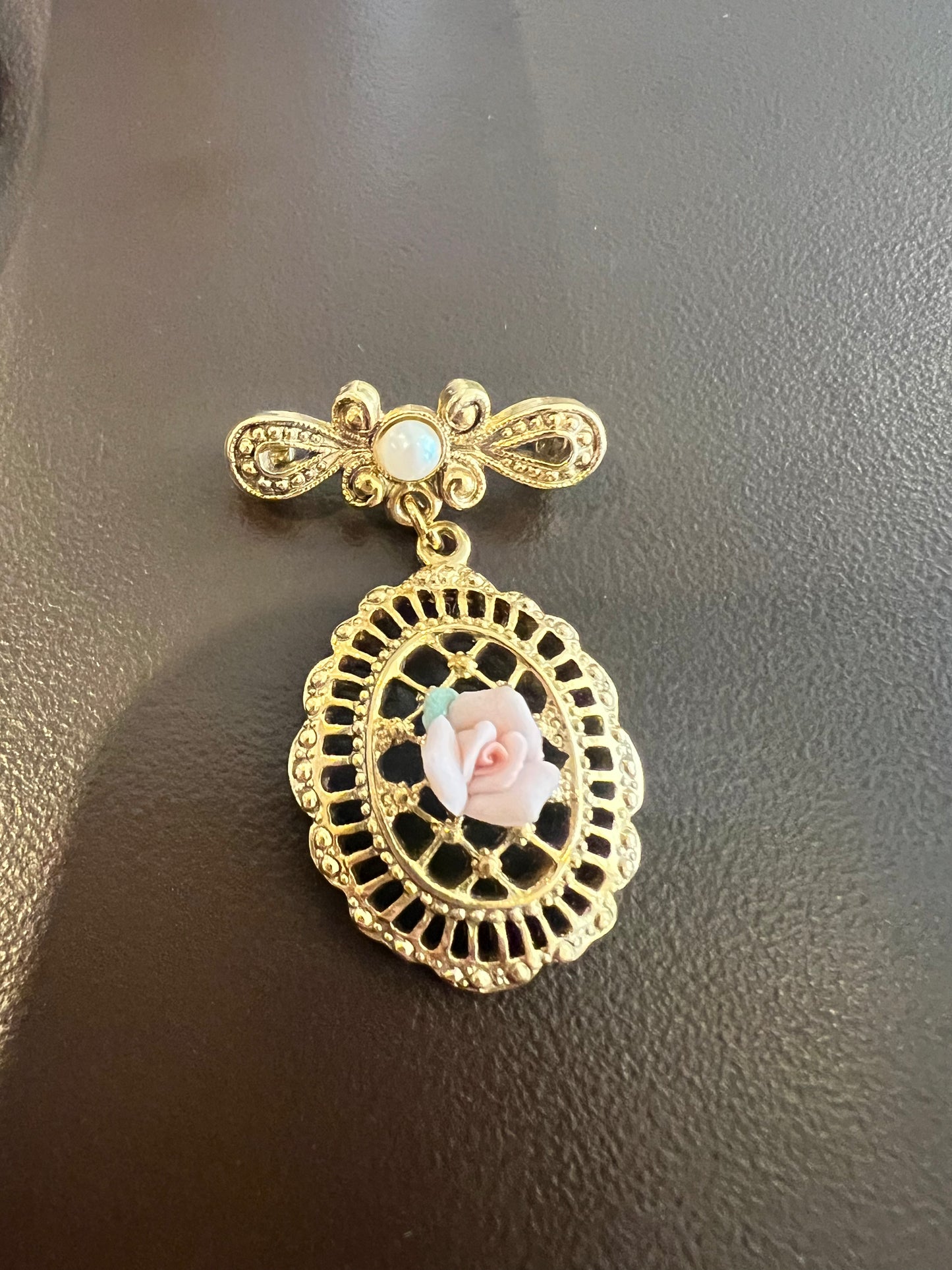 Vintage Rose Filigree Drop Brooch
