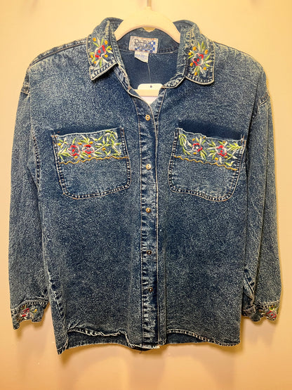 1990s Pretty Bleu Embroidered Denim Shirt