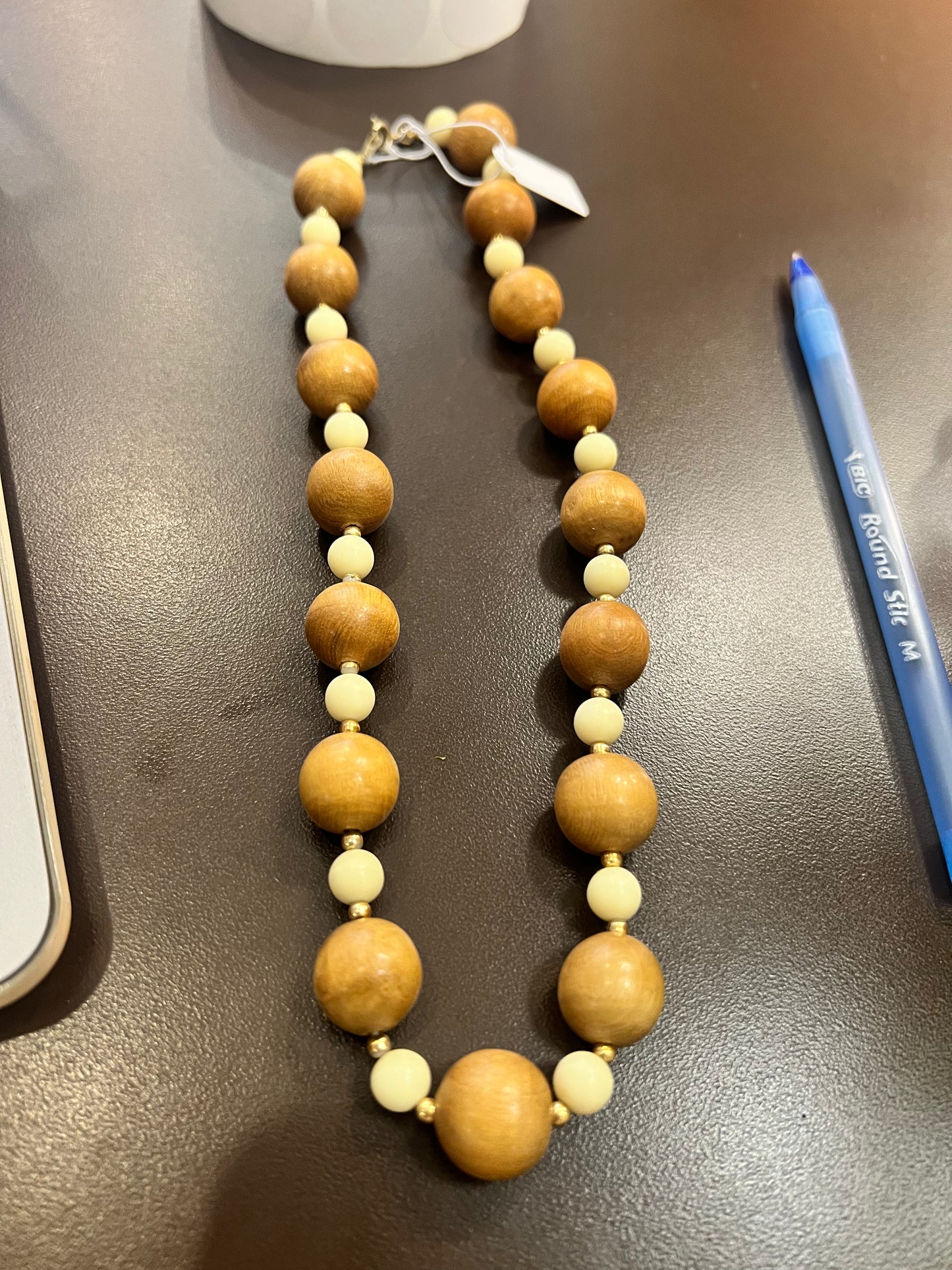 Wood and Cream Beaded Necklace