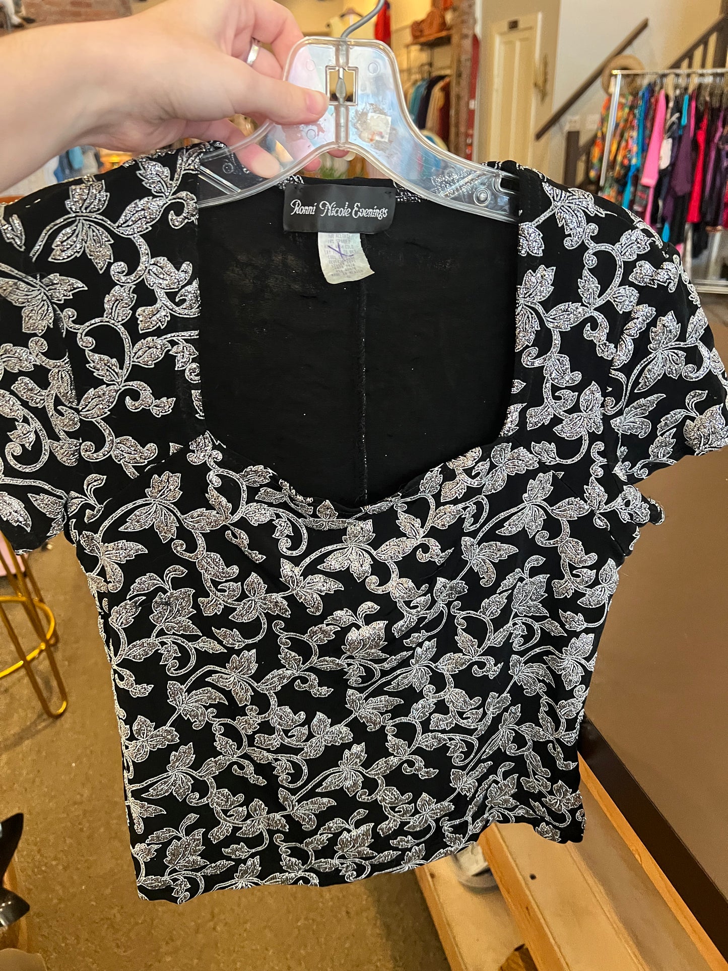 90s Ronni Nicole Evenings Silver Floral Top