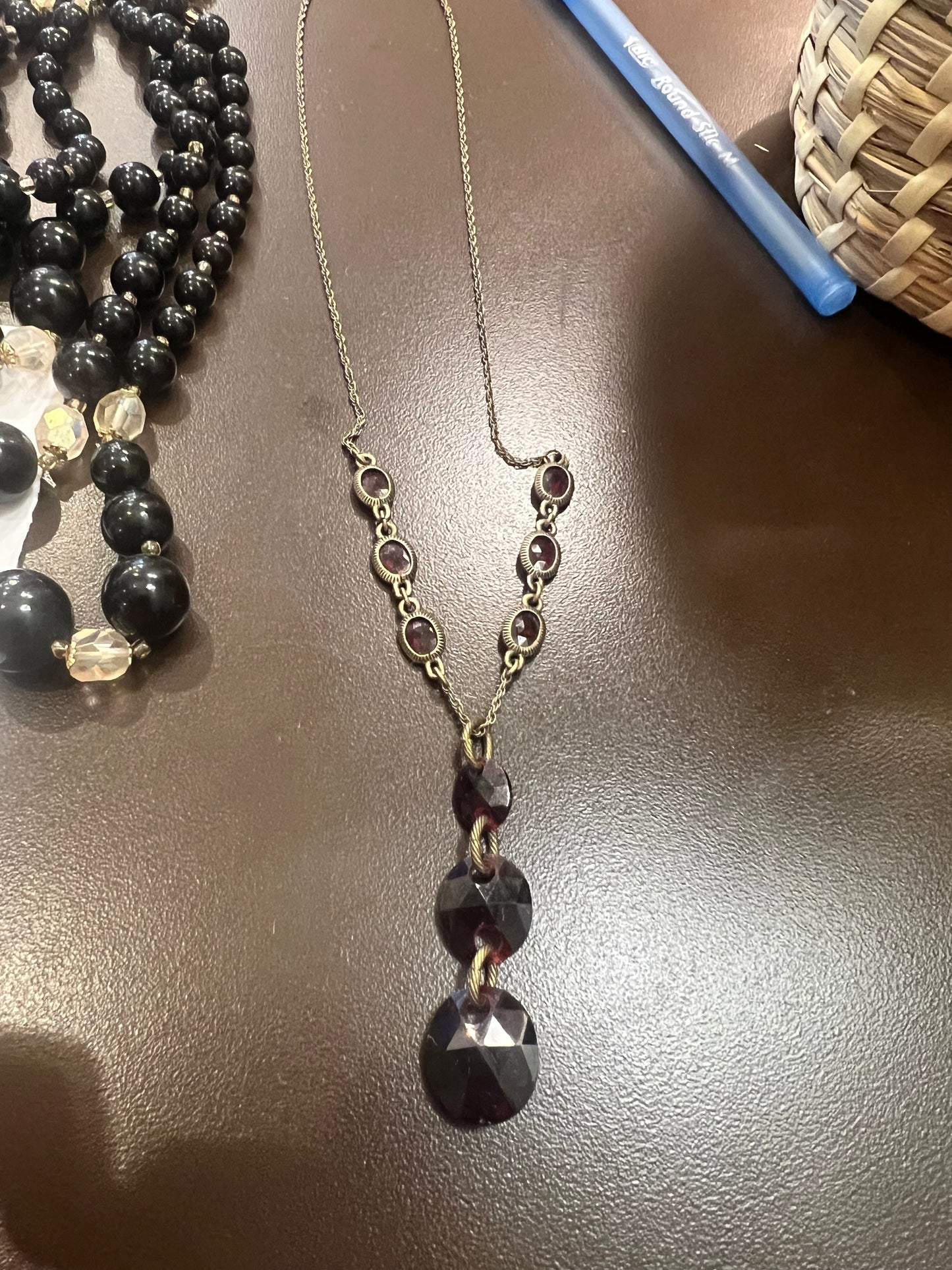Brass Tone Red Bead Necklace