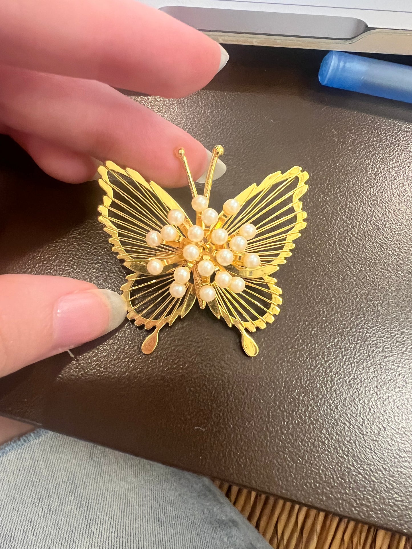 Monet Gold Tone Butterfly Pearl Brooch