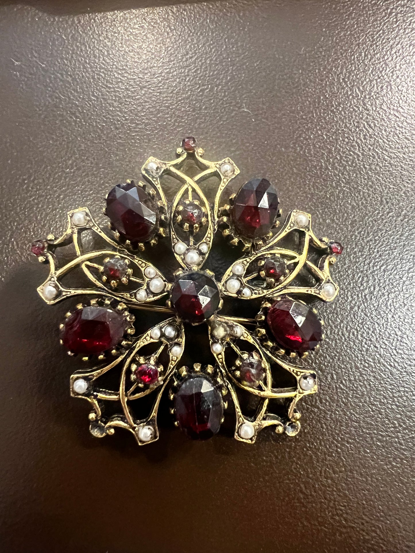 Vintage Art Arthur Gold Tone and Garnet Rhinestone Brooch