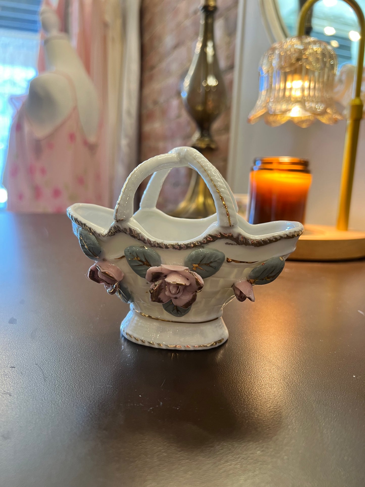 Vintage Gold Trimmed Floral Porcelain Basket