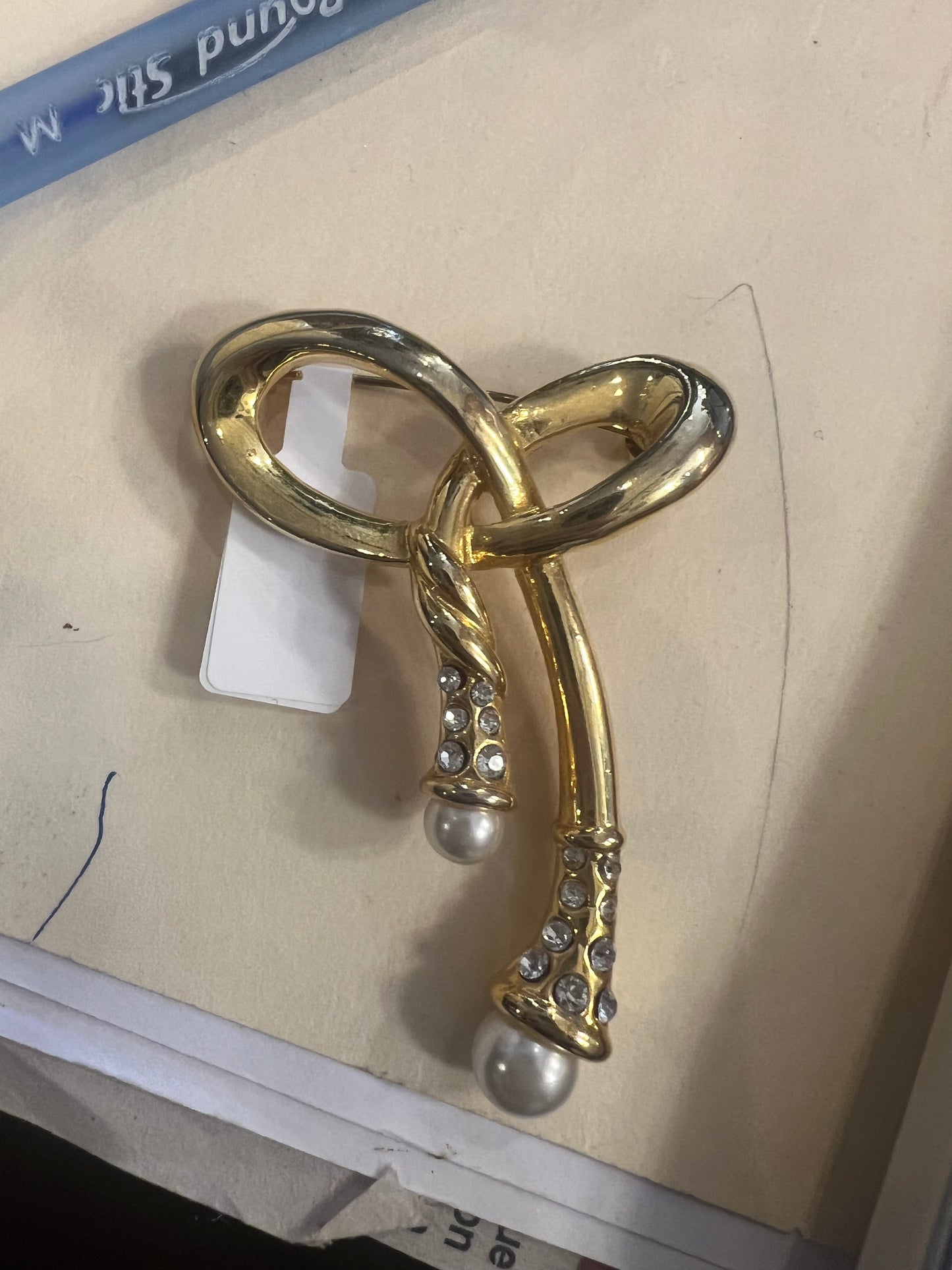 Vintage Gold Tone Bow Brooch w/ Pave Crystals