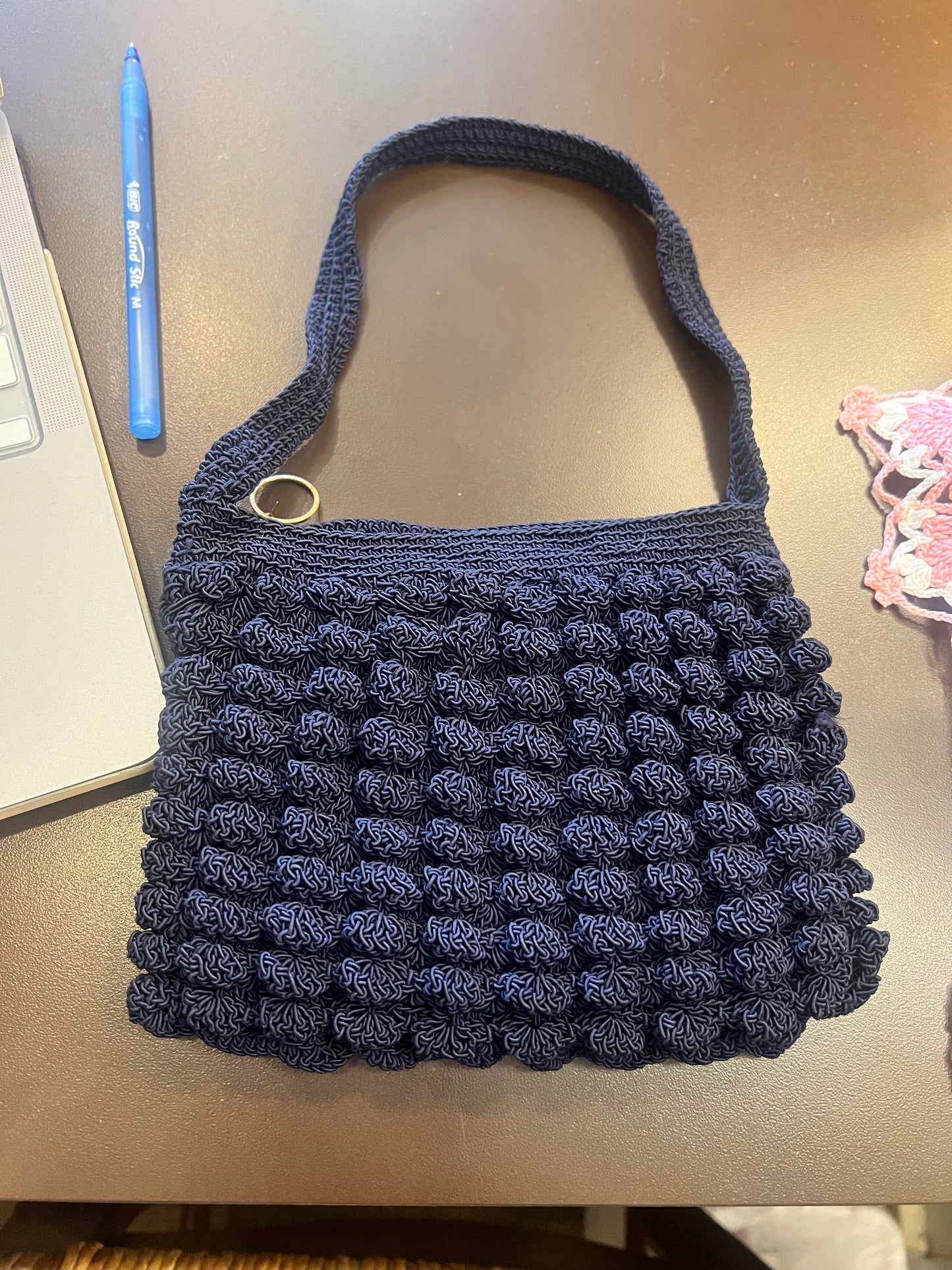 40s Talon Blue Crochet Popcorn Handbag