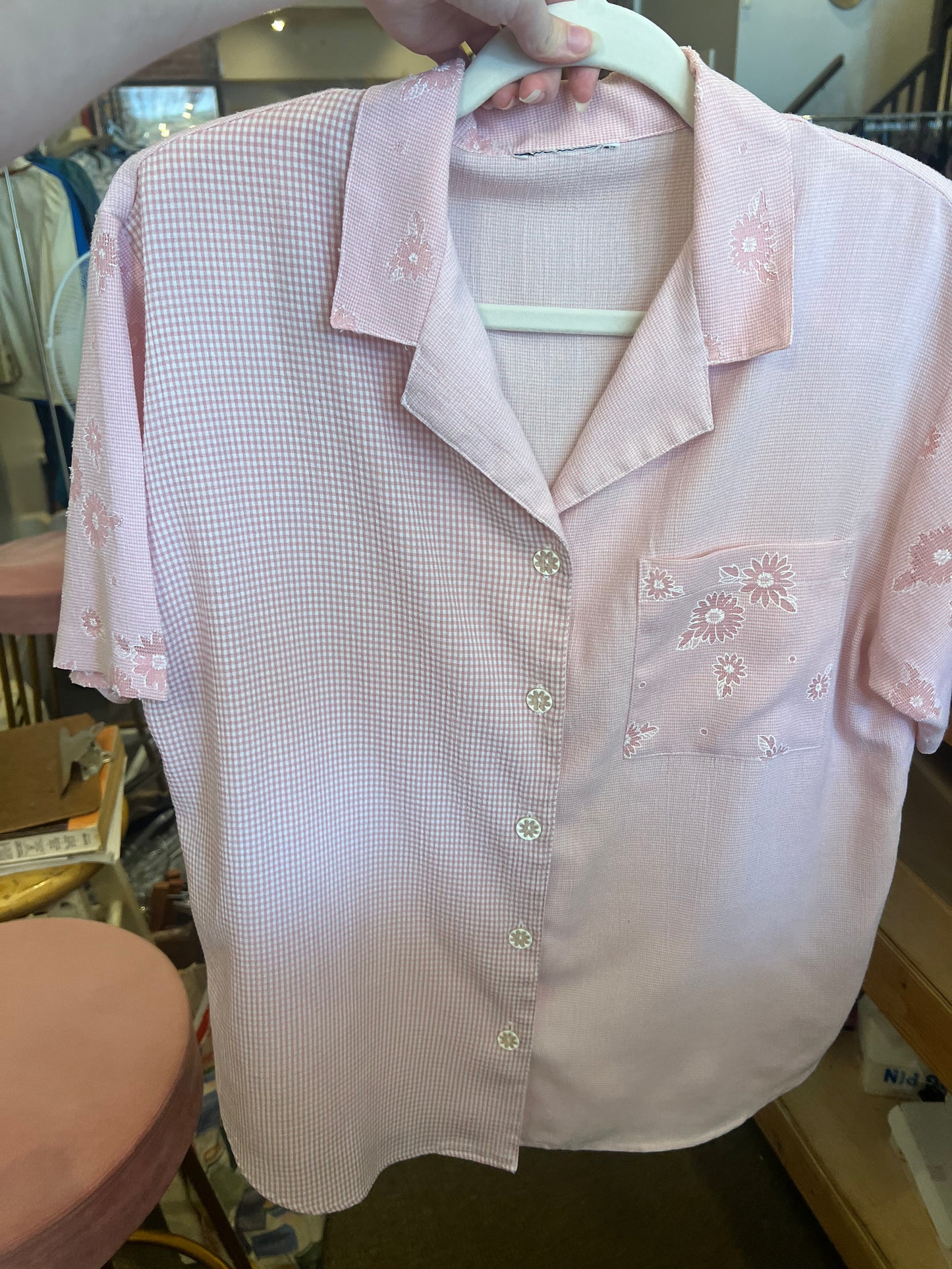 80s Gingham and Floral Button Down Top