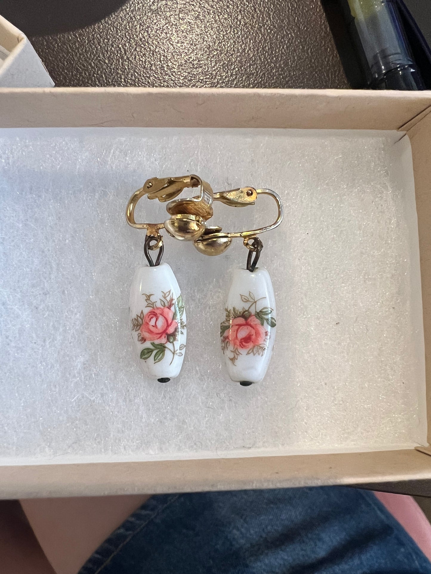 Vintage Clip On Floral Porcelain Earrings