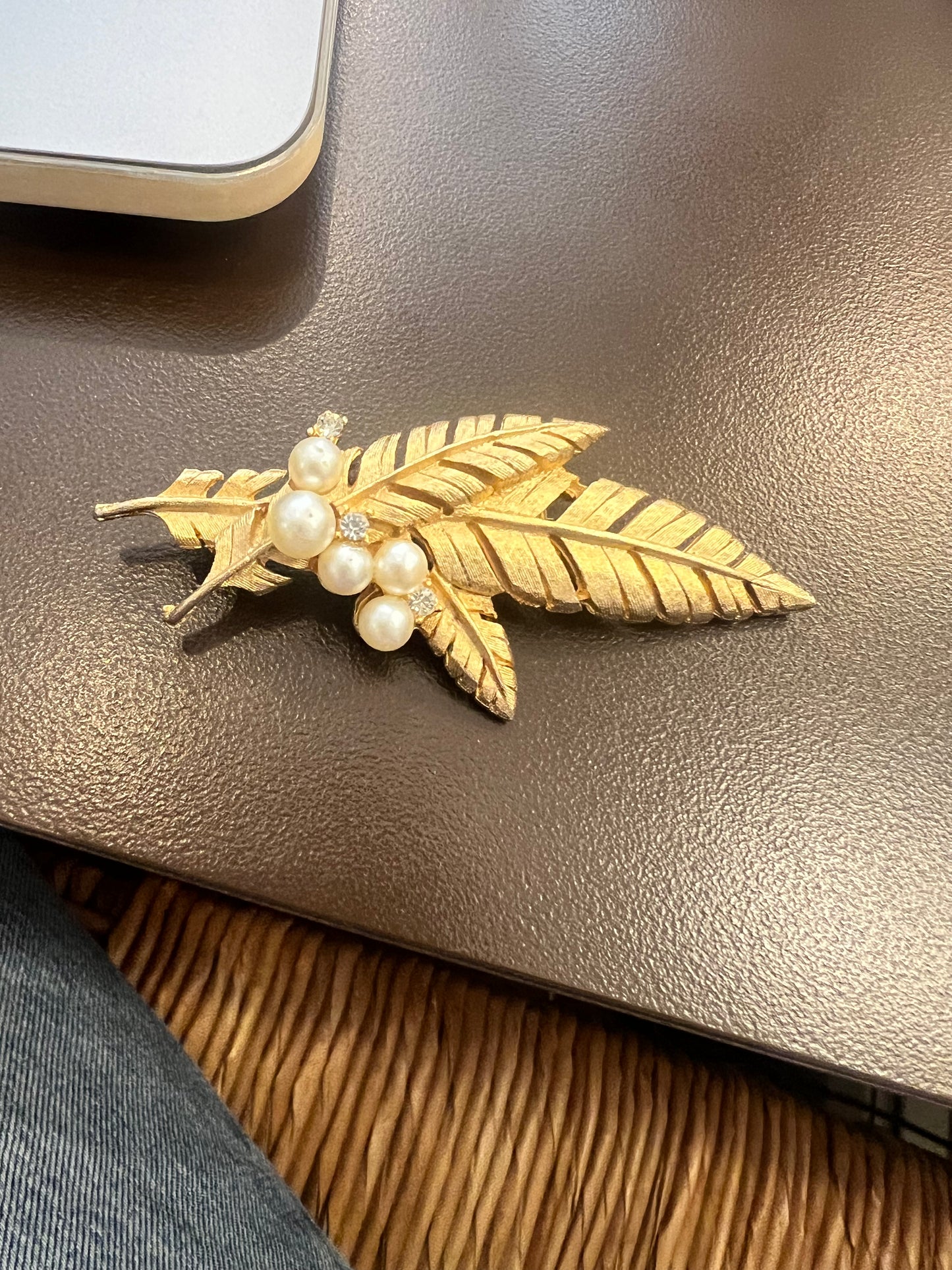 Vintage Pearl & Rhinestone Leaf Brooch