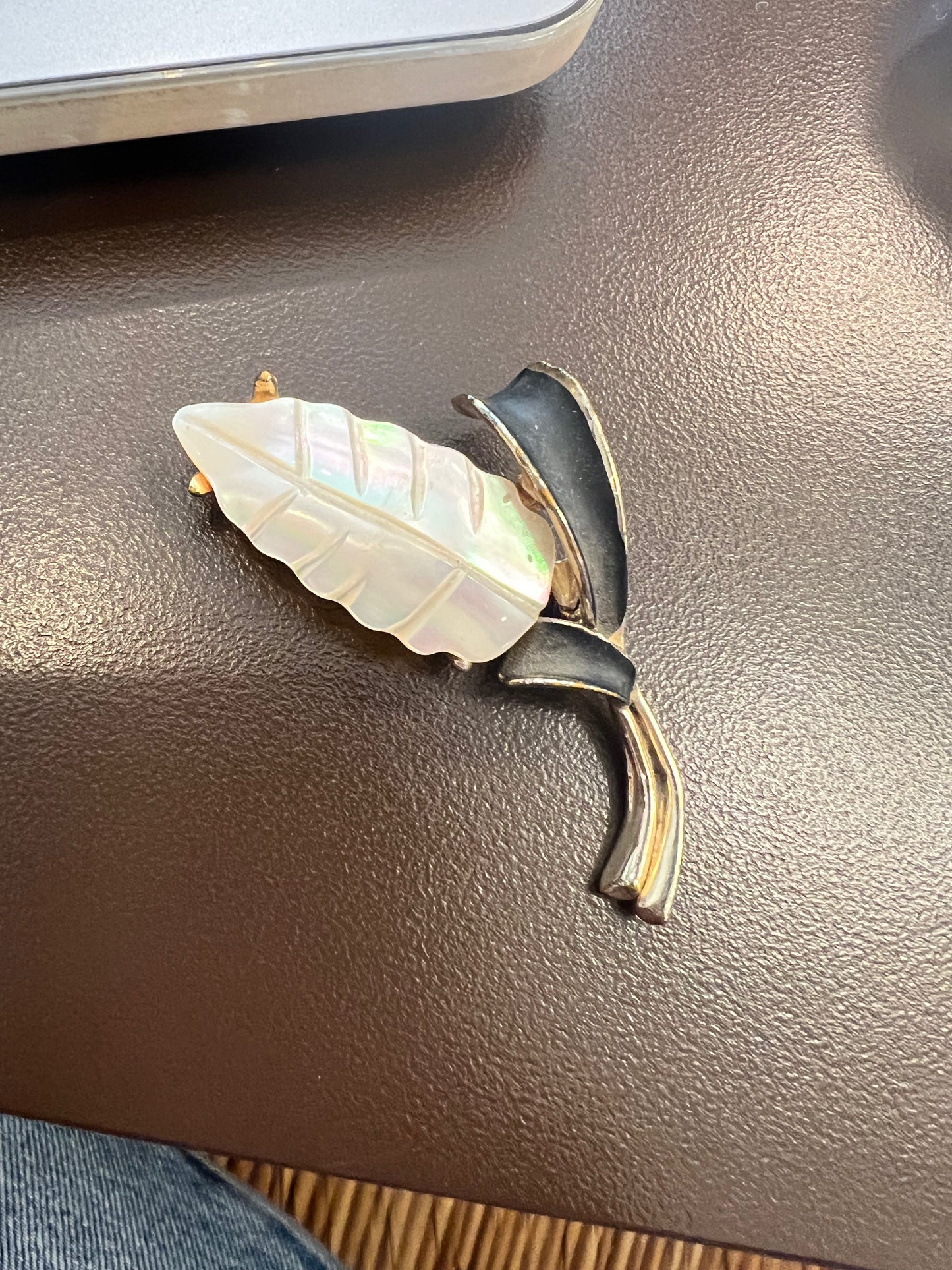 Vintage Mother of Pearl Leaf Brooch
